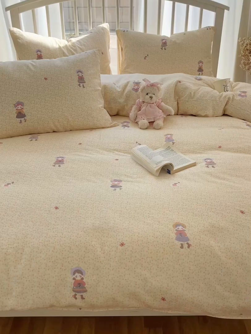 91家纺网 家纺一手货源 找家纺 XIWEN-希文家纺 2025新款A类全棉纯棉有氧双层纱四件套 春日女孩