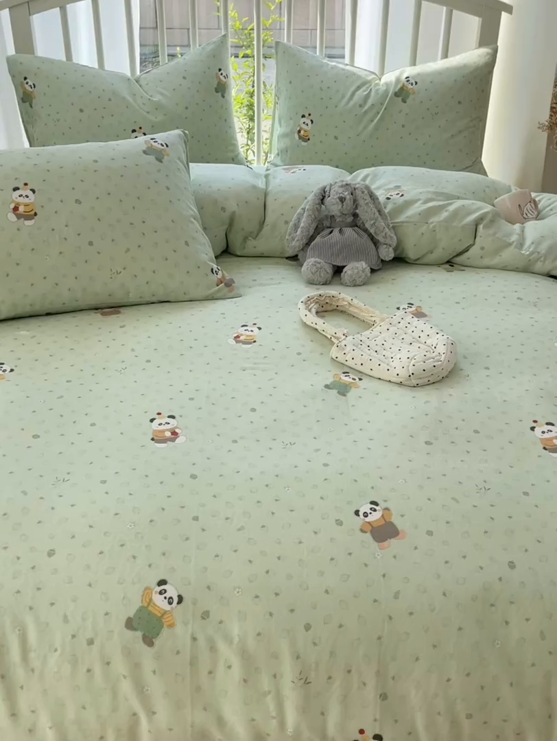 91家纺网 家纺一手货源 找家纺 XIWEN-希文家纺 2025新款A类全棉纯棉有氧双层纱四件套 功夫熊猫