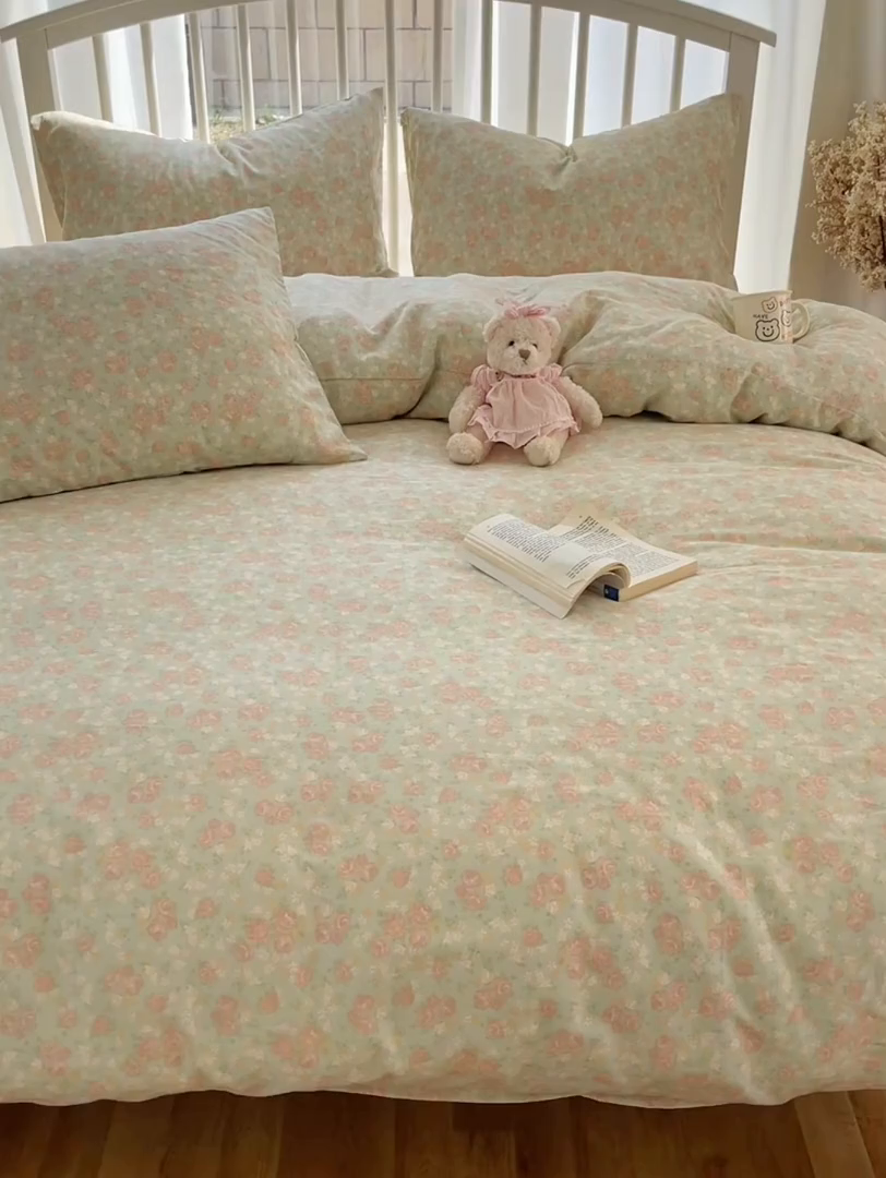 91家纺网 家纺一手货源 找家纺 XIWEN-希文家纺 2025新款A类全棉纯棉有氧双层纱四件套 玫瑰故事-绿