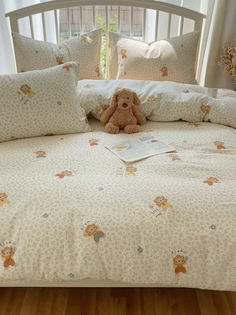 91家纺网 家纺一手货源 找家纺 XIWEN-希文家纺 2025新款A类全棉纯棉有氧双层纱四件套 萌萌狮