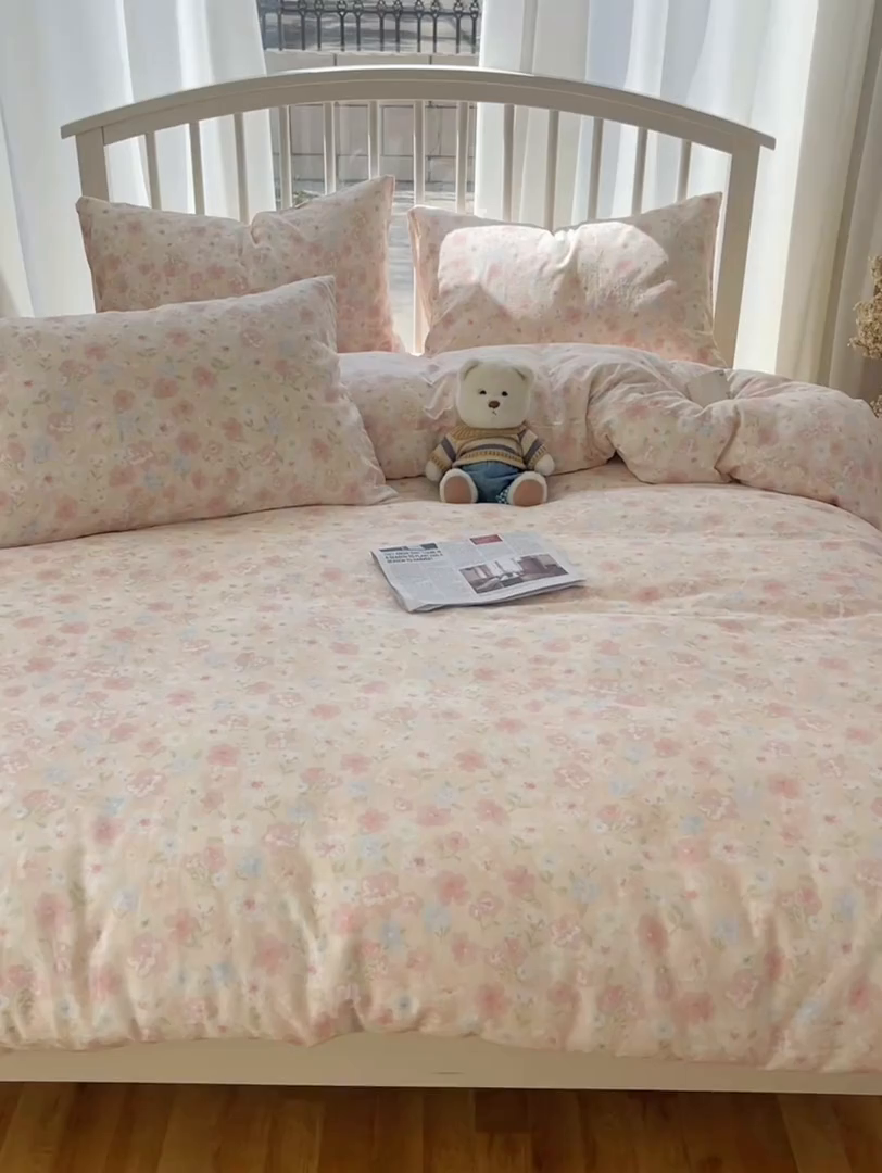 91家纺网 家纺一手货源 找家纺 XIWEN-希文家纺 2025新款A类全棉纯棉有氧双层纱四件套 清桃粉