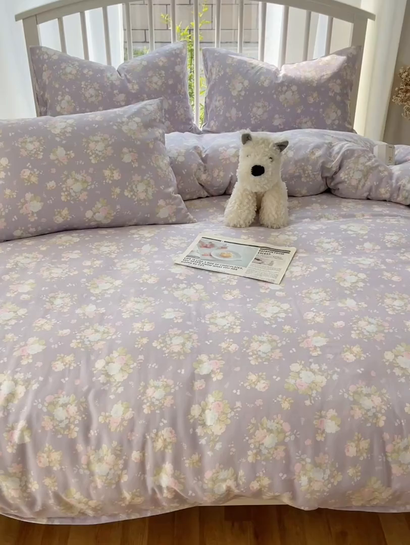 91家纺网 家纺一手货源 找家纺 XIWEN-希文家纺 2025新款A类全棉纯棉有氧双层纱四件套 山花漫 -紫