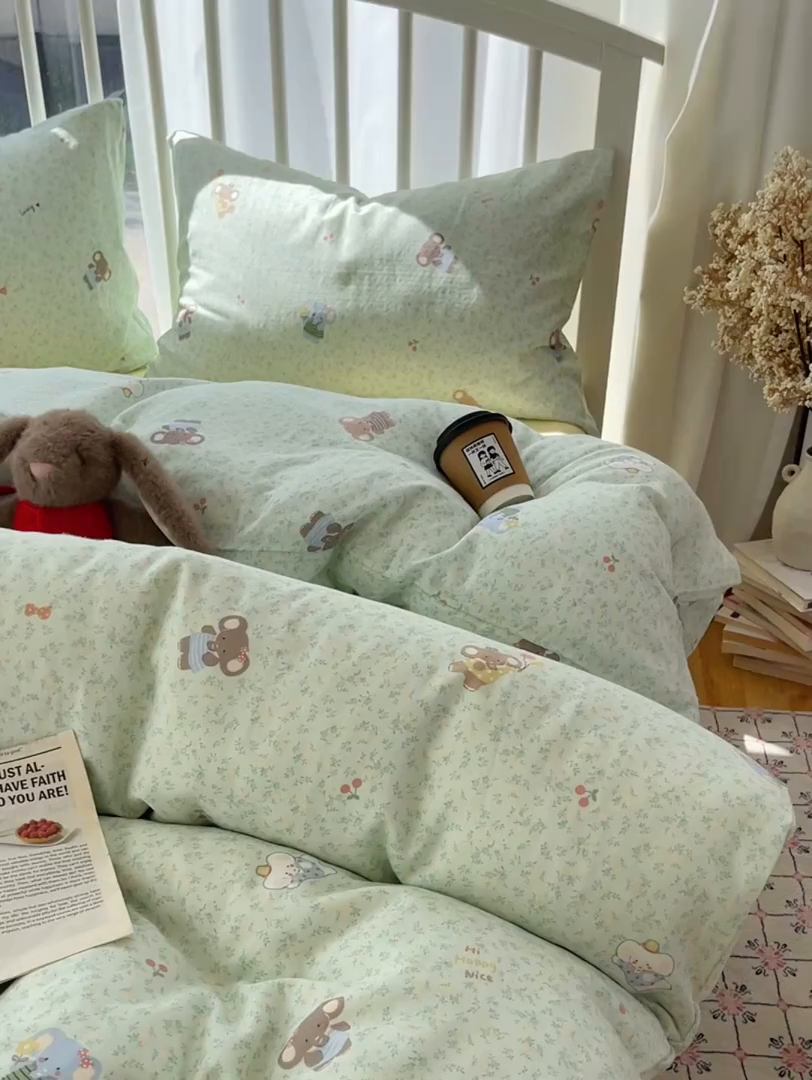 91家纺网 家纺一手货源 找家纺 XIWEN-希文家纺 2025新款A类全棉纯棉有氧双层纱四件套 少女象-绿