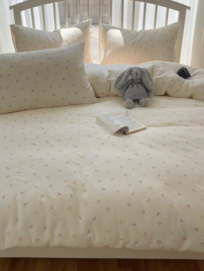 91家纺网 家纺一手货源 找家纺 XIWEN-希文家纺 2025新款A类全棉纯棉有氧双层纱四件套 水果樱桃