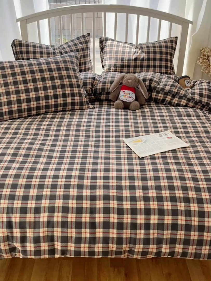 91家纺网 家纺一手货源 找家纺 XIWEN-希文家纺 2025新款A类全棉纯棉有氧双层纱四件套 苏格兰-灰