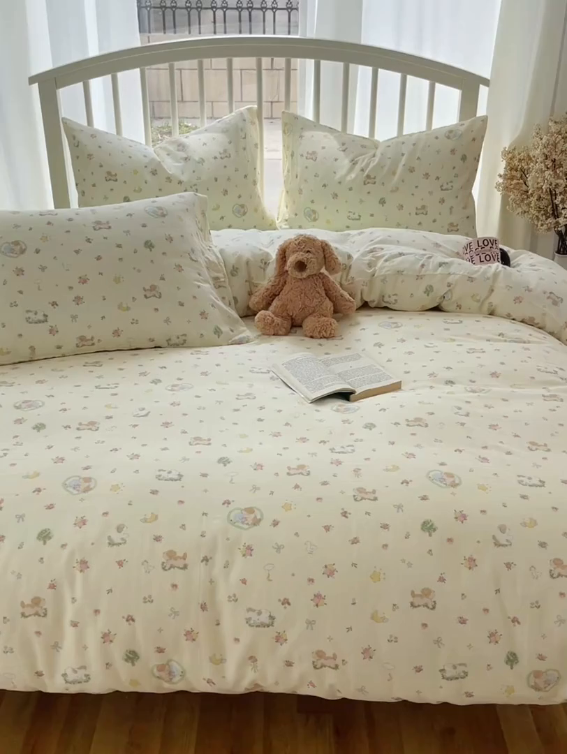 91家纺网 家纺一手货源 找家纺 XIWEN-希文家纺 2025新款A类全棉纯棉有氧双层纱四件套 田园小狗