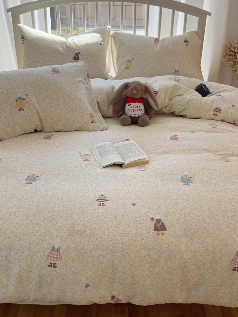 91家纺网 家纺一手货源 找家纺 XIWEN-希文家纺 2025新款A类全棉纯棉有氧双层纱四件套 元素小兔