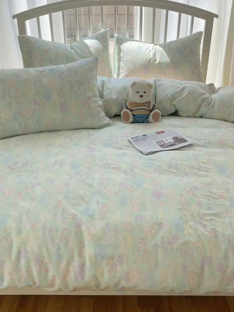 91家纺网 家纺一手货源 找家纺 XIWEN-希文家纺 2025新款A类全棉纯棉有氧双层纱四件套 艺朵-绿