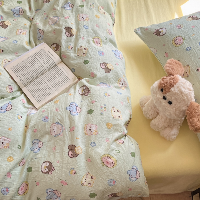 91家纺网 家纺一手货源 找家纺 罗亿家纺 2025新款软绵绵的双拼印花小清新水洗云朵棉四件套（含买家秀场景二） 小小萌宠