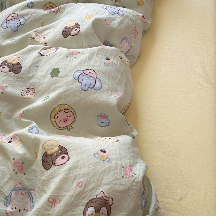 91家纺网 家纺一手货源 找家纺 罗亿家纺 2025新款软绵绵的双拼印花小清新水洗云朵棉四件套（含买家秀场景二） 小小萌宠