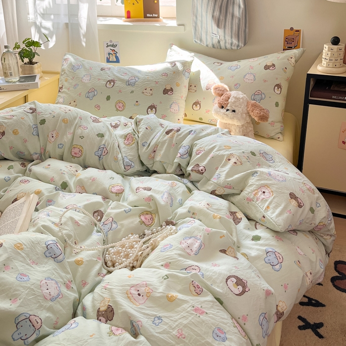 91家纺网 家纺一手货源 找家纺 罗亿家纺 2025新款软绵绵的双拼印花小清新水洗云朵棉四件套（含买家秀场景二） 小小萌宠