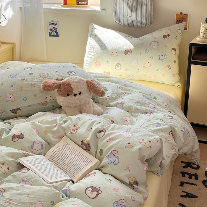 91家纺网 家纺一手货源 找家纺 罗亿家纺 2025新款软绵绵的双拼印花小清新水洗云朵棉四件套（含买家秀场景二） 小小萌宠