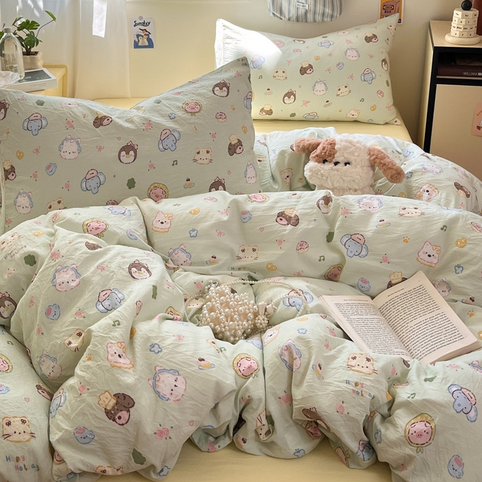 91家纺网 家纺一手货源 找家纺 罗亿家纺 2025新款软绵绵的双拼印花小清新水洗云朵棉四件套（含买家秀场景二） 小小萌宠