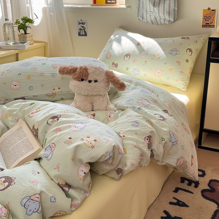 91家纺网 家纺一手货源 找家纺 罗亿家纺 2025新款软绵绵的双拼印花小清新水洗云朵棉四件套（含买家秀场景二） 小小萌宠