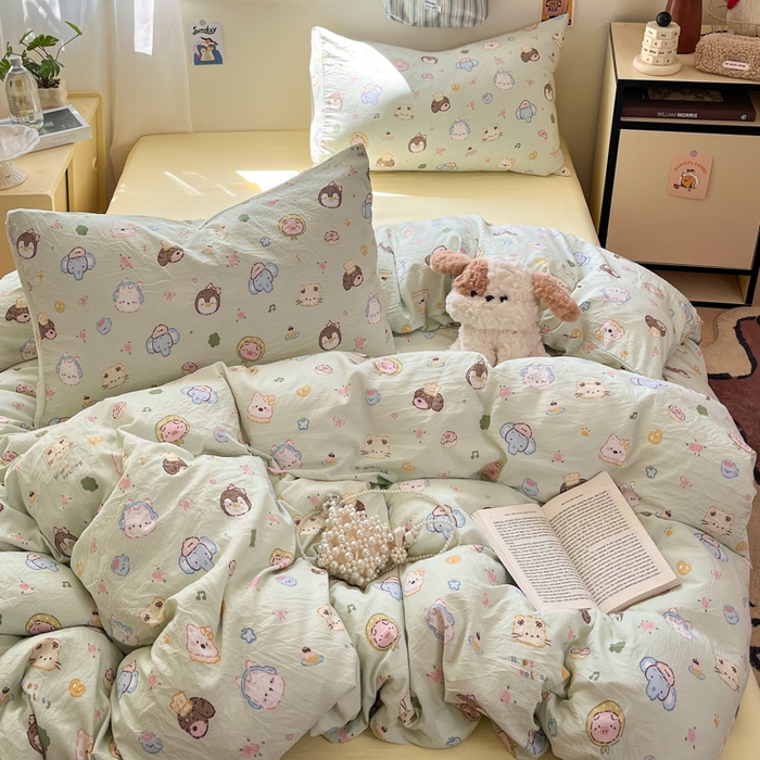 91家纺网 家纺一手货源 找家纺 罗亿家纺 2025新款软绵绵的双拼印花小清新水洗云朵棉四件套（含买家秀场景二） 小小萌宠