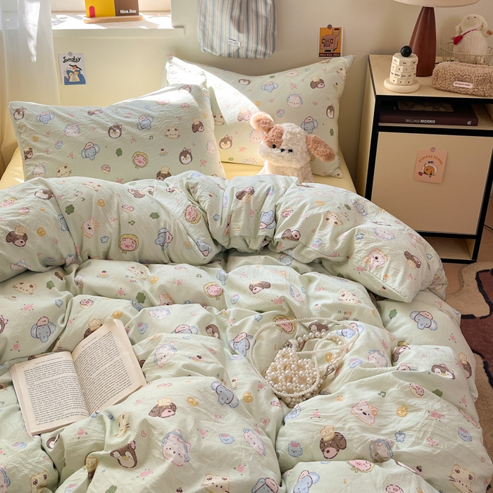 91家纺网 家纺一手货源 找家纺 罗亿家纺 2025新款软绵绵的双拼印花小清新水洗云朵棉四件套（含买家秀场景二） 小小萌宠
