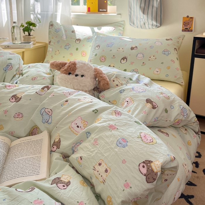 91家纺网 家纺一手货源 找家纺 罗亿家纺 2025新款软绵绵的双拼印花小清新水洗云朵棉四件套（含买家秀场景二） 小小萌宠