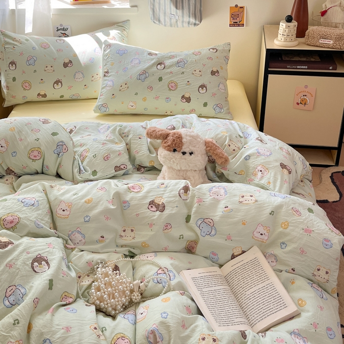 91家纺网 家纺一手货源 找家纺 罗亿家纺 2025新款软绵绵的双拼印花小清新水洗云朵棉四件套（含买家秀场景二） 小小萌宠