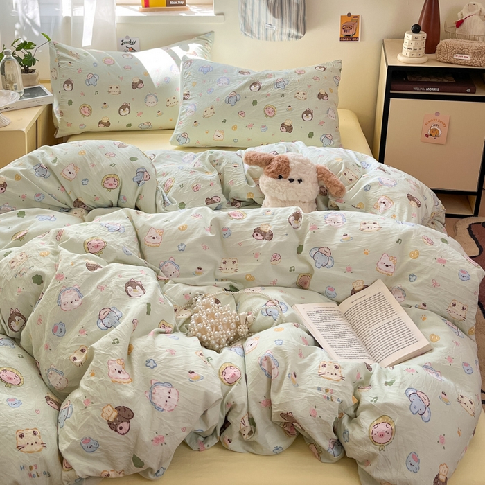 91家纺网 家纺一手货源 找家纺 罗亿家纺 2025新款软绵绵的双拼印花小清新水洗云朵棉四件套（含买家秀场景二） 小小萌宠