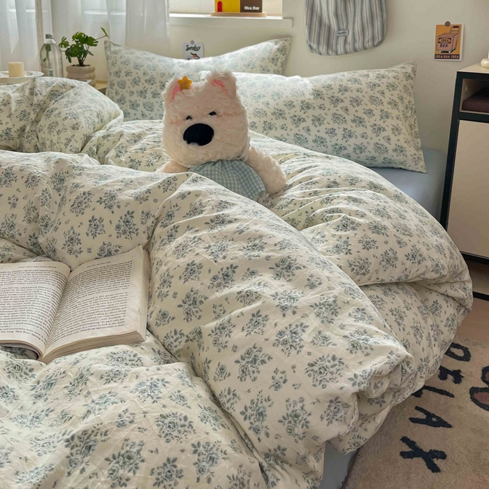 91家纺网 家纺一手货源 找家纺 罗亿家纺 2025新款软绵绵的双拼印花小清新水洗云朵棉四件套（含买家秀场景二） 春日与玫瑰