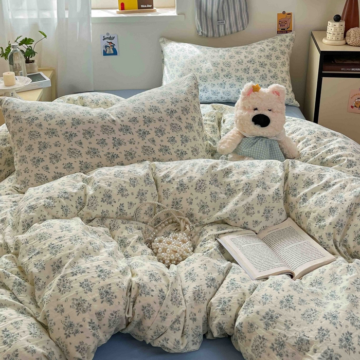 91家纺网 家纺一手货源 找家纺 罗亿家纺 2025新款软绵绵的双拼印花小清新水洗云朵棉四件套（含买家秀场景二） 春日与玫瑰