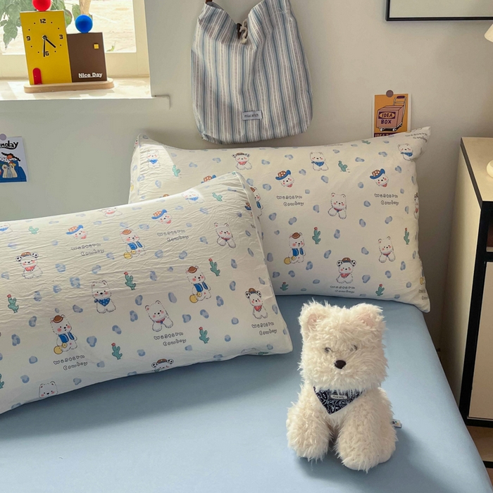 91家纺网 家纺一手货源 找家纺 罗亿家纺 2025新款软绵绵的双拼印花小清新水洗云朵棉四件套（含买家秀场景二） 小狗安安蓝