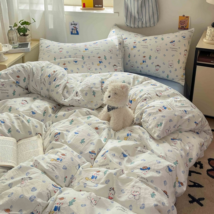 91家纺网 家纺一手货源 找家纺 罗亿家纺 2025新款软绵绵的双拼印花小清新水洗云朵棉四件套（含买家秀场景二） 小狗安安蓝