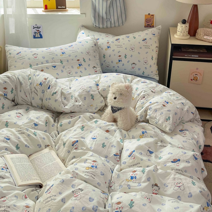 91家纺网 家纺一手货源 找家纺 罗亿家纺 2025新款软绵绵的双拼印花小清新水洗云朵棉四件套（含买家秀场景二） 小狗安安蓝