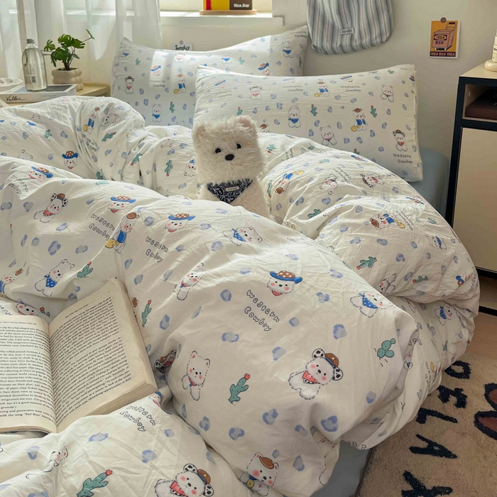 91家纺网 家纺一手货源 找家纺 罗亿家纺 2025新款软绵绵的双拼印花小清新水洗云朵棉四件套（含买家秀场景二） 小狗安安蓝