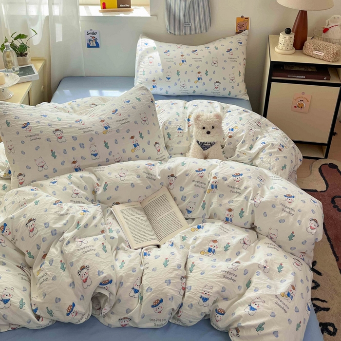 91家纺网 家纺一手货源 找家纺 罗亿家纺 2025新款软绵绵的双拼印花小清新水洗云朵棉四件套（含买家秀场景二） 小狗安安蓝