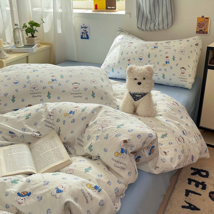 91家纺网 家纺一手货源 找家纺 罗亿家纺 2025新款软绵绵的双拼印花小清新水洗云朵棉四件套（含买家秀场景二） 小狗安安蓝