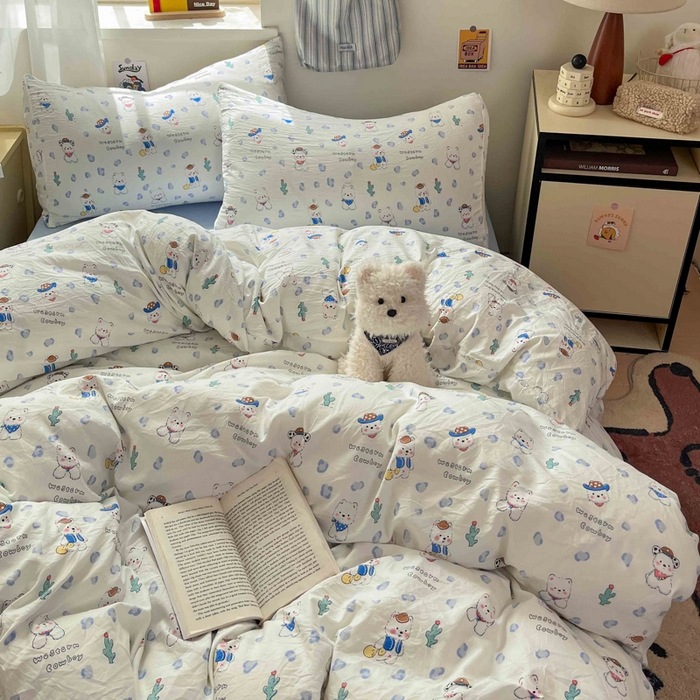 91家纺网 家纺一手货源 找家纺 罗亿家纺 2025新款软绵绵的双拼印花小清新水洗云朵棉四件套（含买家秀场景二） 小狗安安蓝