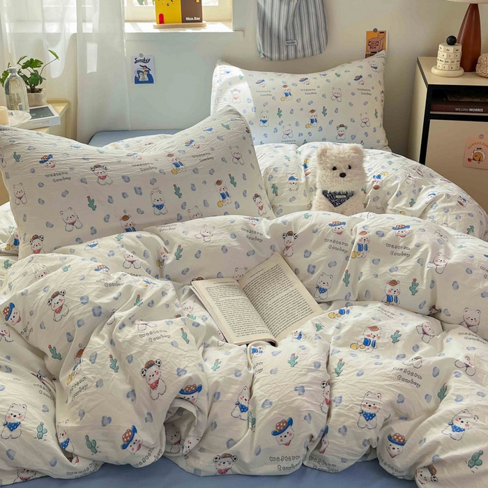 91家纺网 家纺一手货源 找家纺 罗亿家纺 2025新款软绵绵的双拼印花小清新水洗云朵棉四件套（含买家秀场景二） 小狗安安蓝