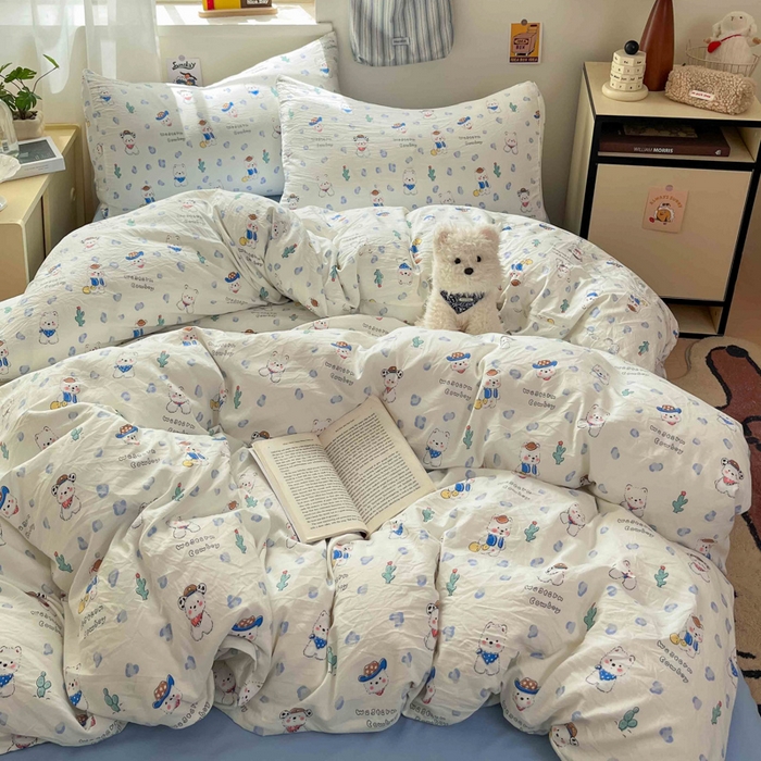 91家纺网 家纺一手货源 找家纺 罗亿家纺 2025新款软绵绵的双拼印花小清新水洗云朵棉四件套（含买家秀场景二） 小狗安安蓝