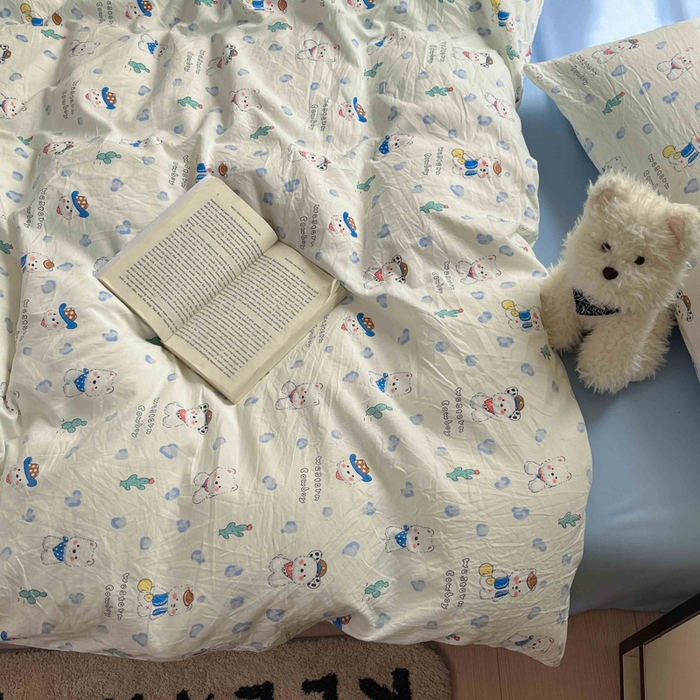 91家纺网 家纺一手货源 找家纺 罗亿家纺 2025新款软绵绵的双拼印花小清新水洗云朵棉四件套（含买家秀场景二） 小狗安安蓝