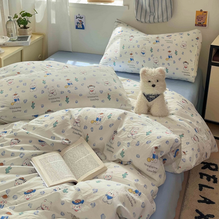 91家纺网 家纺一手货源 找家纺 罗亿家纺 2025新款软绵绵的双拼印花小清新水洗云朵棉四件套（含买家秀场景二） 小狗安安蓝