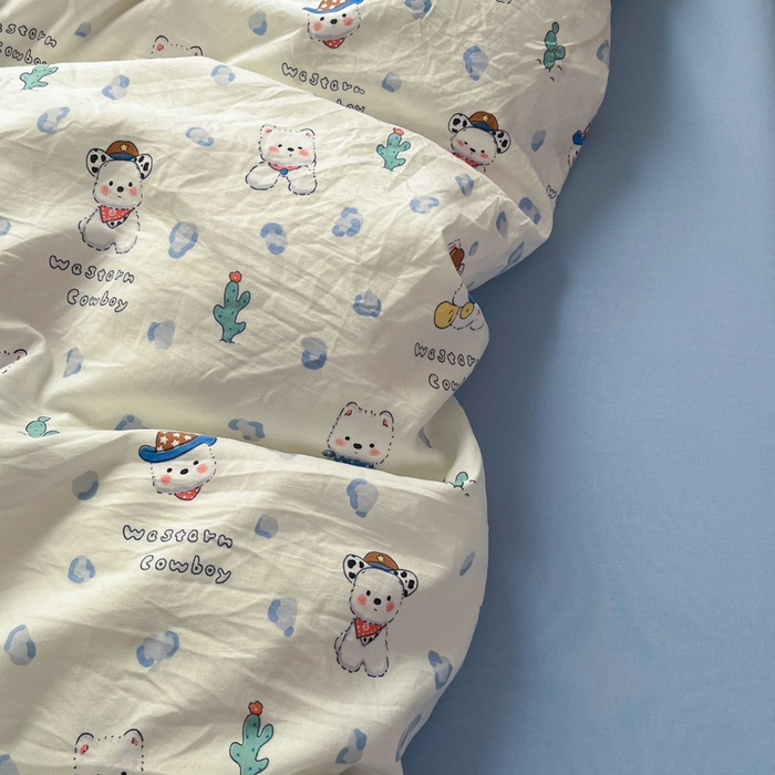 91家纺网 家纺一手货源 找家纺 罗亿家纺 2025新款软绵绵的双拼印花小清新水洗云朵棉四件套（含买家秀场景二） 小狗安安蓝