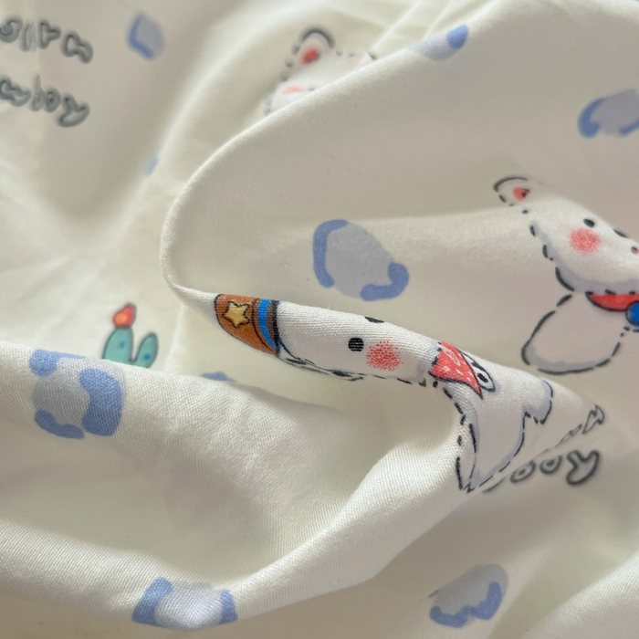 91家纺网 家纺一手货源 找家纺 罗亿家纺 2025新款软绵绵的双拼印花小清新水洗云朵棉四件套（含买家秀场景二） 小狗安安蓝