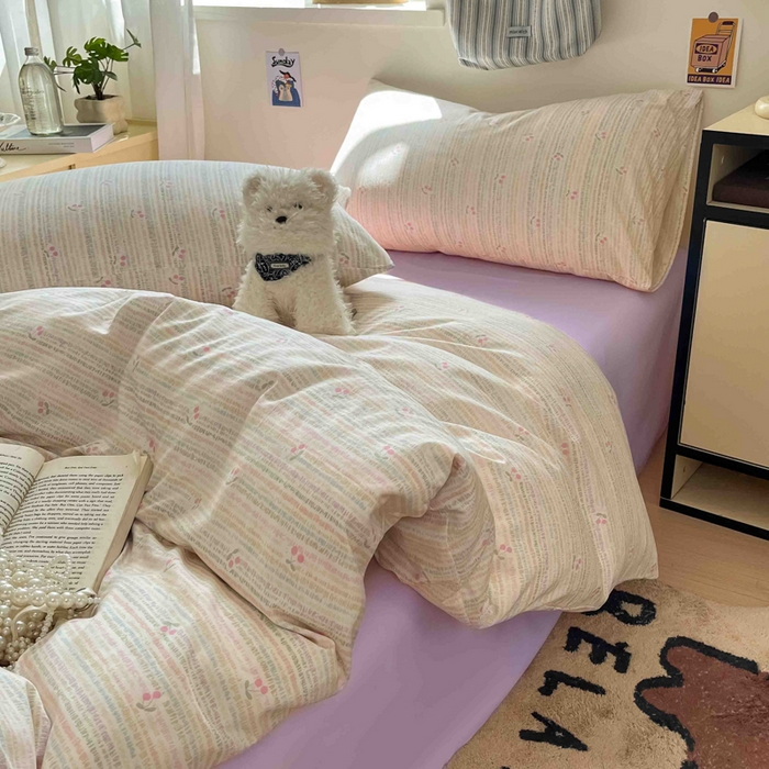 91家纺网 家纺一手货源 找家纺 罗亿家纺 2025新款软绵绵的双拼印花小清新水洗云朵棉四件套（含买家秀场景二） 樱桃恋曲