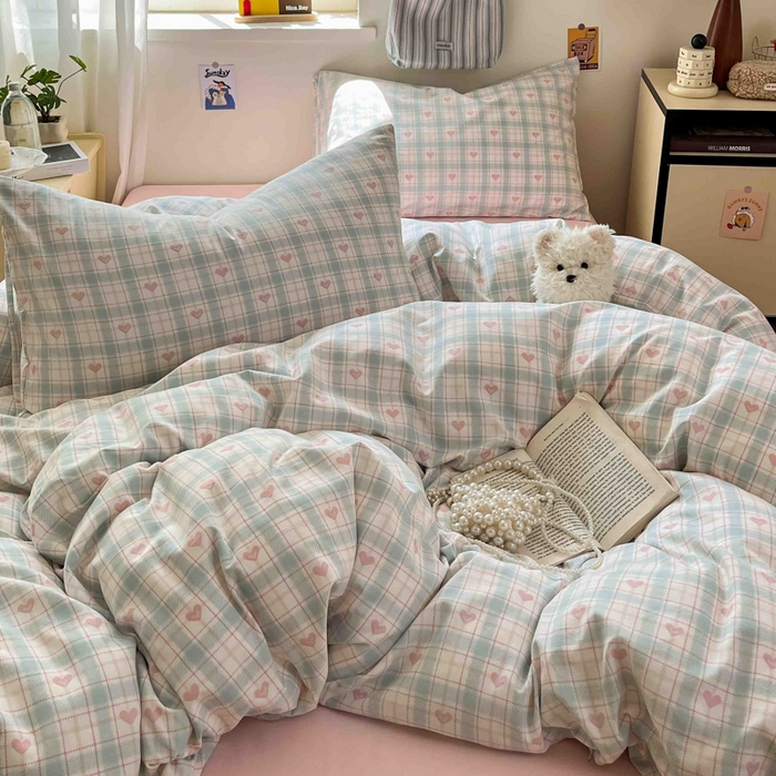 91家纺网 家纺一手货源 找家纺 罗亿家纺 2025新款软绵绵的双拼印花小清新水洗云朵棉四件套（含买家秀场景二） 温暖粉心