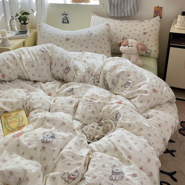 91家纺网 家纺一手货源 找家纺 罗亿家纺 2025新款软绵绵的双拼印花小清新水洗云朵棉四件套（含买家秀场景二） 呼噜小狗
