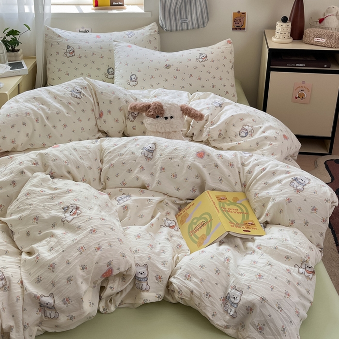 91家纺网 家纺一手货源 找家纺 罗亿家纺 2025新款软绵绵的双拼印花小清新水洗云朵棉四件套（含买家秀场景二） 呼噜小狗