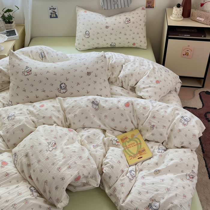91家纺网 家纺一手货源 找家纺 罗亿家纺 2025新款软绵绵的双拼印花小清新水洗云朵棉四件套（含买家秀场景二） 呼噜小狗