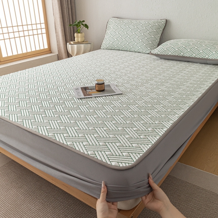 91家纺网 家纺一手货源 找家纺 欧邦 2025新款加厚PE中分子凉感豆豆软席极简系列 极简-绿【床笠款】