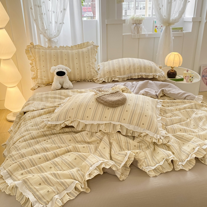 91家纺网 家纺一手货源 找家纺 大麦家纺 2025新款云感双层纱花边夏被四件套 温馨午后