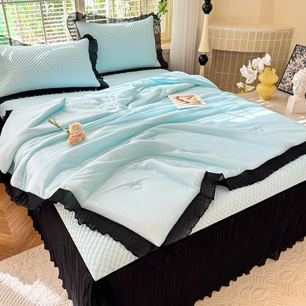 91家纺网 家纺一手货源 找家纺 逸尚阁  2025新款凉豆豆床裙凉席三件套 黑边凉豆豆-天蓝