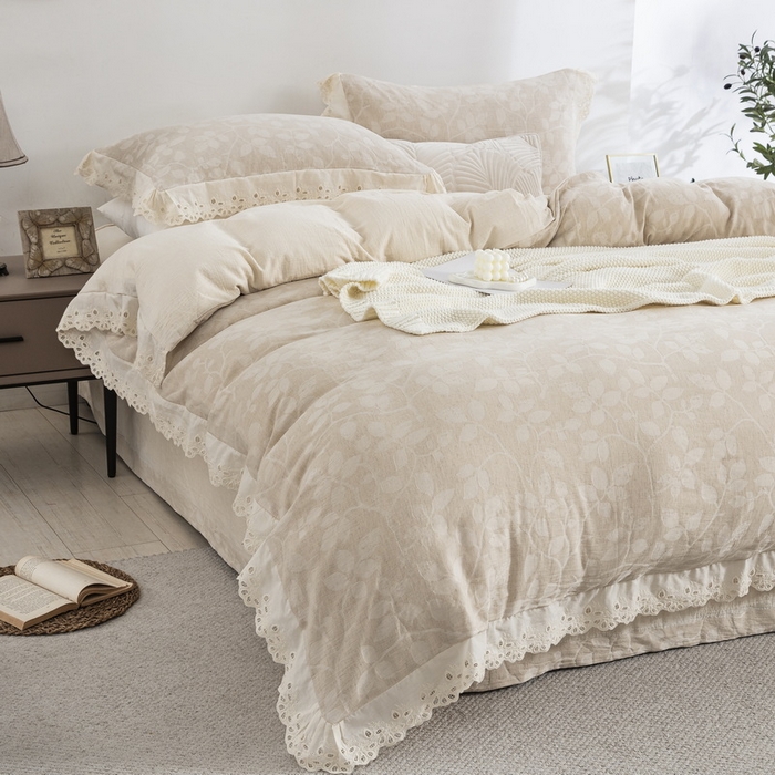 91家纺网 家纺一手货源 找家纺 （总）鲁爱家纺供货 2025新款AB版棉麻花边款四件套