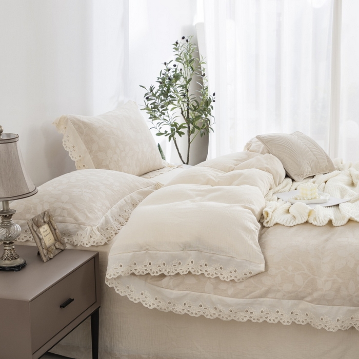 91家纺网 家纺一手货源 找家纺 （总）鲁爱家纺供货 2025新款AB版棉麻花边款四件套