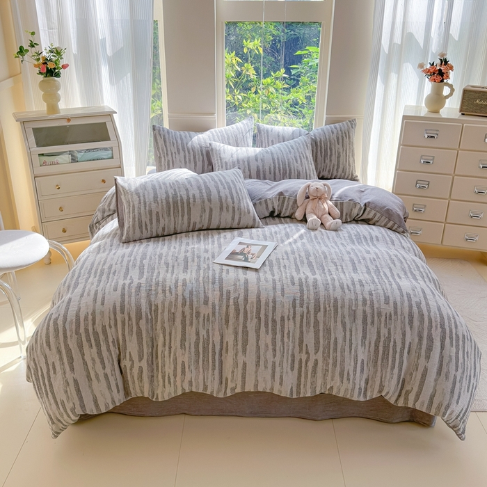 91家纺网 家纺一手货源 找家纺 菡宝 2025新款a类母婴级纯棉全棉纯棉色织三层纱提花系列四件套 艾瑞-灰