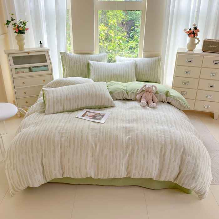 91家纺网 家纺一手货源 找家纺 菡宝 2025新款a类母婴级纯棉全棉纯棉色织三层纱提花系列四件套 艾瑞-绿